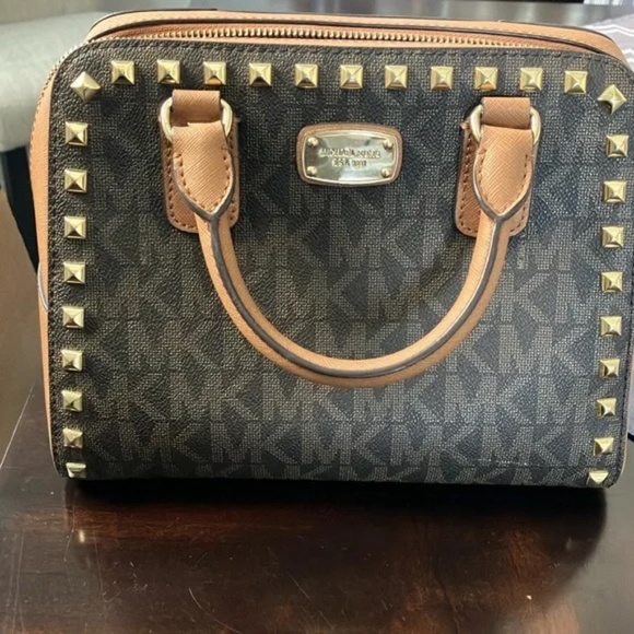 Michael Kors Signature Print Studded Satchel - Picture 1 of 9